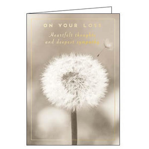 This sympathy card id decorated with a sepia-toned photograph of a dandelion flower. Gold text on the card reads "On your loss...heartfelt thoughts and deepest sympathy"