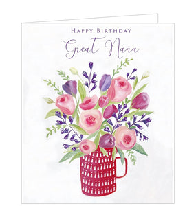 This lovely birthday card for a great-nana is decorated with a bouquet of pink and purple flowers in a red jug. The text on the front of the card reads "Happy Birthday Great Nana".