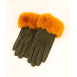 Staying warm has never looked so elegant! This pair of ladies gloves from fashion brand Powder are sure to bring a touch of vintage glamour to any winter outfit. The Bettina gloves are made from an olive coloured faux suede with a mustard coloured fake fur cuff around the wrist of the gloves.