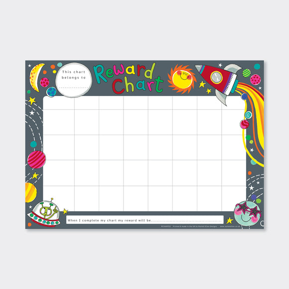 This reward chart from designer Rachel Ellen is decorated with brightly coloured space rockets, planets and friendly aliens. Complete with a sheet of 3 3 space-themed stickers kids will love using this rewardchart, making it ideal for tracking chores, or learning a new skill like potty training,