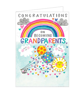 A bird pulling balloons floats up into the sky on this cute and sparkly greetings card to celebrate becoming new grandparents. Above is a brightly coloured  rainbow.  The text on the front of this card reads "Congratulations on becoming Grandparents".