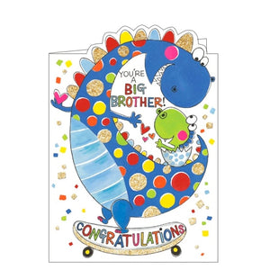 This adorable card to celebrate becoming a big brother is decorated with a scene of s pair of dinosaurs riding on a skateboard together. The text on the front of this card reads "You're a Big Brother...Congratulations". 