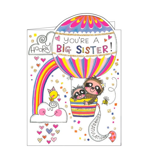 This adorable card to celebrate becoming a big sister is decorated with a scene of a pair of sloths floating up into the sky together in the basket of a pink hot air balloon. The text on the front of this card reads 