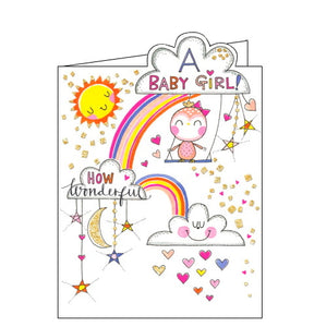A pink owl sits on a swing hanging from a fluffy white cloud, surrounded by rainbows and glittery gold stars on the front of this card to celebrate the arrival of a new baby girl. The text on the front of this new baby card reads "A baby girl! How wonderful".