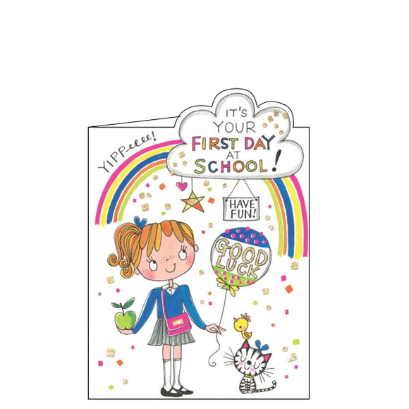 From Rachel Ellen's bright and quirky greetings card range, this good luck on your first day of school card is decorated with a cartoon of a boy in school uniform holding an apple and a good luck balloon. The text on the front of the card reads 