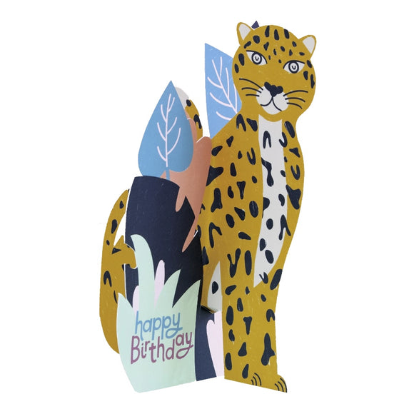 This lovely birthday card folds out into a 3d display of a leopard standing tall and proud among pink and blue leaves. Shiny metallic text on the front of the card reads 