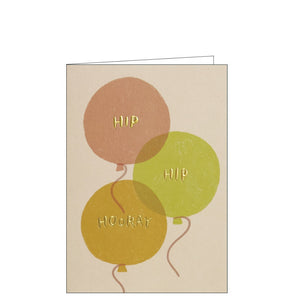 This sweet congratulations card is decorated with three colourful balloons. Gold text on each balloon spells out "Hip Hip Hooray".