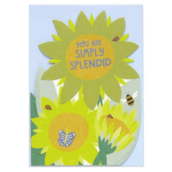 This lovely greetings card is decorated with bees, butterflies and ladybirds on a bunch of yellow and gold sunflowers. The text on the front of the card reads 