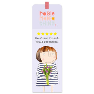 This bookmark features one of Rosie Made a Thing's unmistakably witty and charming illustrations, showing a woman in a breton striped top, holding a bunch of flowers. The caption on the book mark reads "***** Excellent Friend. Would Recommend". These bookmarks are a great gift for every book lover - be they friend, family or yourself.