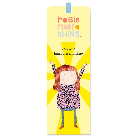 This bookmark features one of Rosie Made a Thing's unmistakably witty and charming illustrations, showing a woman in a colourful leopard print top, with yellow sun rays behind her. The caption on the book mark reads 