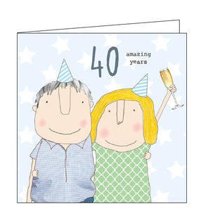 This ruby wedding card features one of Rosie's unmistakably witty and charming illustrations of showing a man and woman with their arms around each other, wearing party hats. The woman raises a champagne flute in celebration. Text on the front of the card reads "40 amazing years".