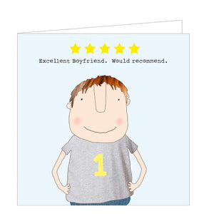 This Rosie Made a Thing greetings card for a special boyfriend features one of Rosie's unmistakably charming illustrations of a man wearing a t-shirt decorated with a large "1". The caption on the front of the card reads "*****. Excellent Boyfriend. Would Recommend."