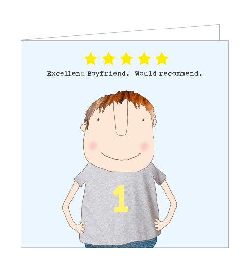 This Rosie Made a Thing greetings card for a special boyfriend features one of Rosie's unmistakably charming illustrations of a man wearing a t-shirt decorated with a large 