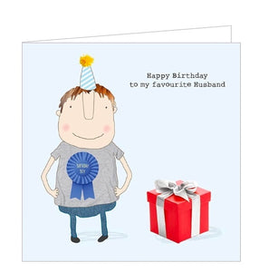 This birthday card for a very special husband features one of Rosie Made a Thing's unmistakably witty and charming illustrations of a man wearing a party hat and a giant "birthday boy" rosette. The text on the front of the card reads "Happy Birthday to my favourite Husband".