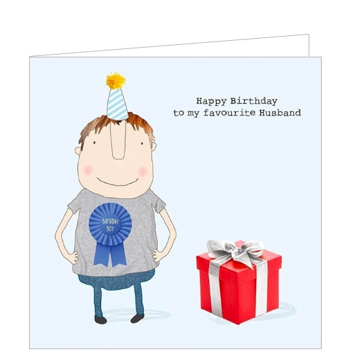 This birthday card for a very special husband features one of Rosie Made a Thing's unmistakably witty and charming illustrations of a man wearing a party hat and a giant 