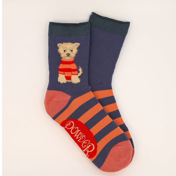 This pair of ladies ankle socks from fashion brand Powder are decorated with a cute westie dog dressed in a striped jumper. The socks have a stripe to match the doggy jumper across the top of the foot.
