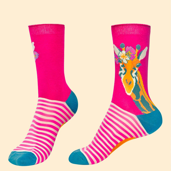 This pair of ladies ankle socks from fashion brand Powder are decorated with a cute giraffe - in a flower crown - running up from the heel to the ankle. 