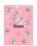 This second birthday card is decorated with cute little dolphins and starfish. A large metallic silver '2' stands out from the background.