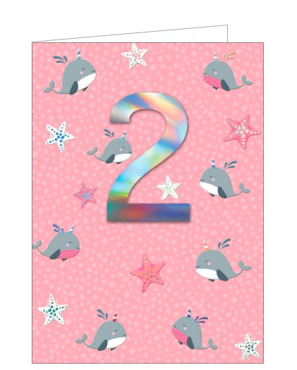This second birthday card is decorated with cute little dolphins and starfish. A large metallic silver '2' stands out from the background.