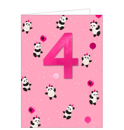 This 4th birthday card is decorated with cute little pandas wearing pink party hats and holding embellished balloons. A large metallic pink '4' stands out from the background.