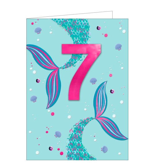 This 7th birthday card is decorated with two swishing mermaid tails. A large metallic pink '7' stands out from the background.