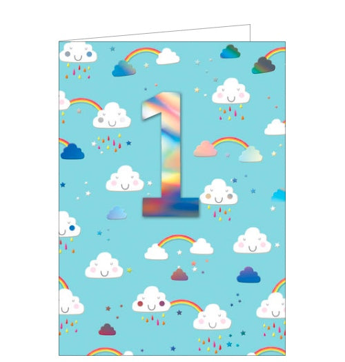 This first birthday card is decorated with tiny rainbows and rainclouds in a blue sky. A large metallic silver '1' stands out from the background.
