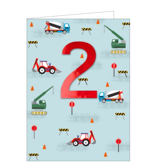 This 2nd birthday card is decorated with tiny little diggers, trucks and construction vehicles. A large metallic red '2' stands out from the background.