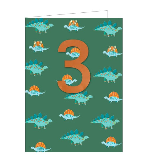 This 3rd birthday card is decorated with tiny little dinosaurs with spiky spines. A large metallic gold '3' stands out from the background.