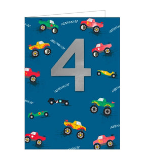 This 4th birthday card is decorated with tiny metallic monster trucks and performance cars. A large metallic silver '4' stands out from the background.