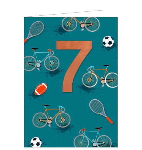 This 7th birthday card is decorated with illustrations of bicycles, racquets and balls. A large metallic copper '7' stands out from the background.