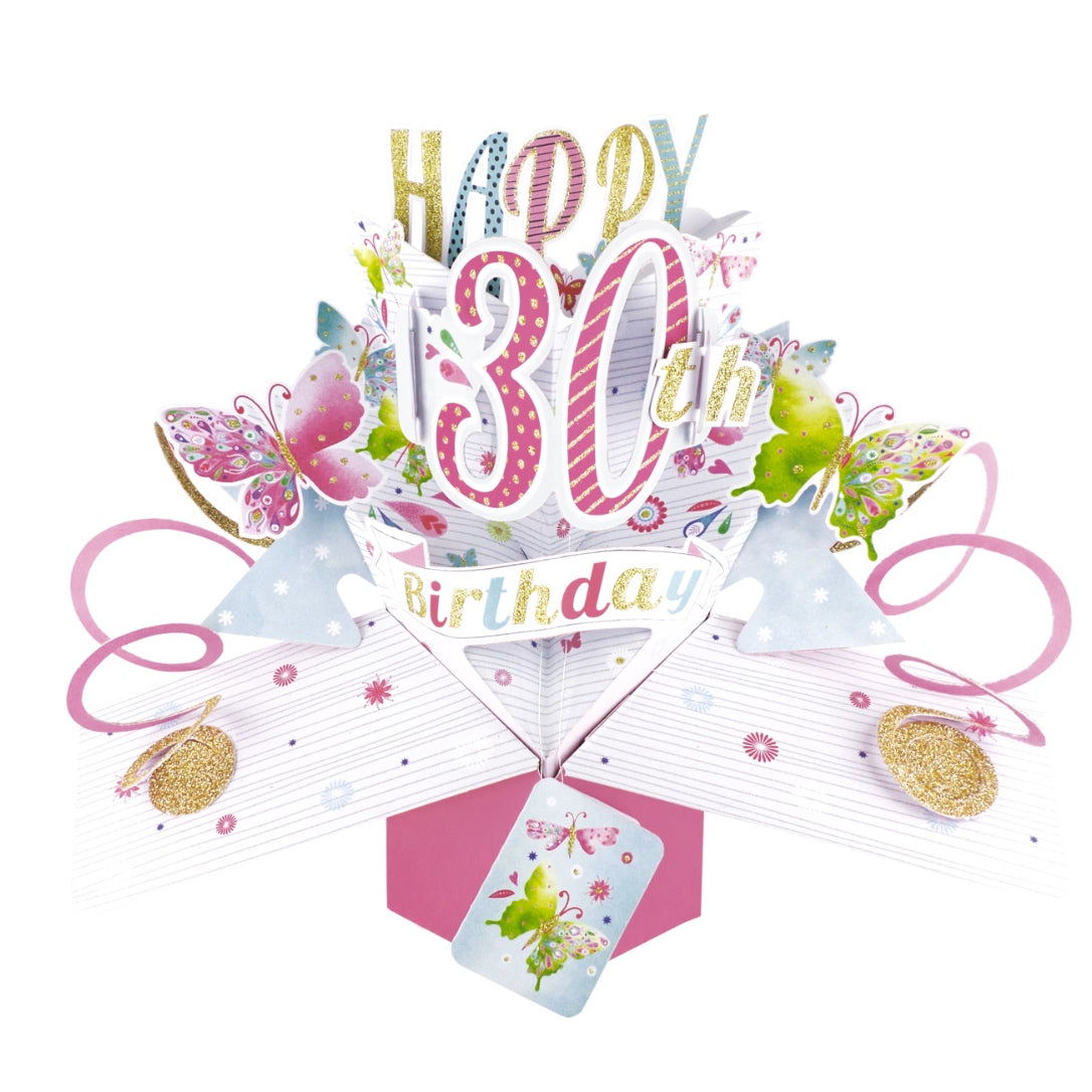 A spectacular pop-up 3D keepsake 30th birthday card, that opens to unleash pink streamers, delicate butterflies and text that reads "Happy 30th Birthday".