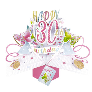 A spectacular pop-up 3D keepsake 30th birthday card, that opens to unleash pink streamers, delicate butterflies and text that reads "Happy 30th Birthday".