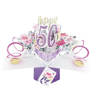 A spectacular pop-up 3D keepsake 50th birthday card, that opens to unleash pink streamers, delicate flowers and glittery text that reads "Happy 50th Birthday".