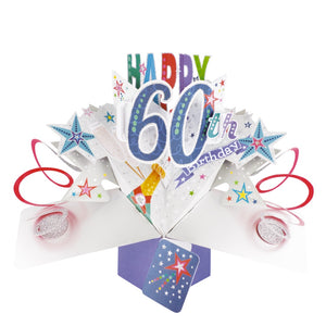 A spectacular pop-up 3D 60th birthday card, that opens to unleash red streamers, blue stars and text that reads "Happy 60th Birthday".