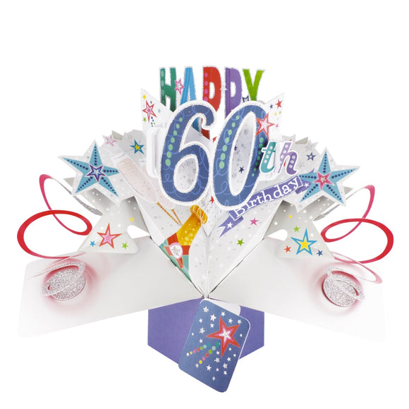 A spectacular pop-up 3D 60th birthday card, that opens to unleash red streamers, blue stars and text that reads 