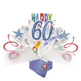 A spectacular pop-up 3D 60th birthday card, that opens to unleash red streamers, blue stars and text that reads "Happy 60th Birthday".