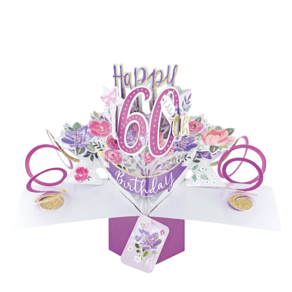 A spectacular pop-up 3D keepsake 60th birthday card, that opens to unleash pink streamers, delicate flowers and text that reads 