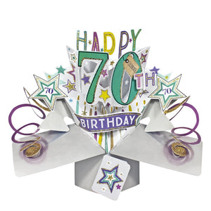 A spectacular pop-up 3D birthday card, that opens to unleash purple streamers,gold glittery stars and text that reads "Happy 70th Birthday".