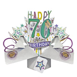 A spectacular pop-up 3D birthday card, that opens to unleash purple streamers,gold glittery stars and text that reads "Happy 70th Birthday".