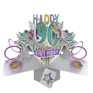 A spectacular pop-up 3D keepsake 90th birthday card, that opens to unleash purple streamers, brightly coloured stars and glittery text that reads "Happy 90th Birthday".