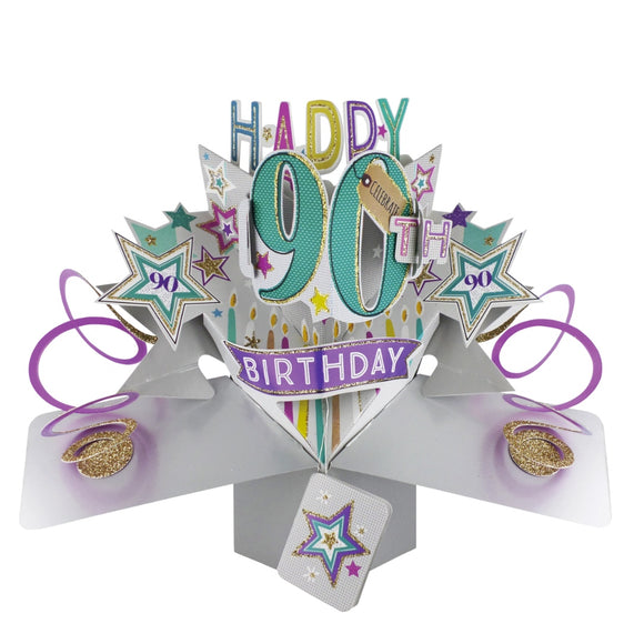 A spectacular pop-up 3D keepsake 90th birthday card, that opens to unleash purple streamers, brightly coloured stars and glittery text that reads 
