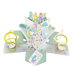 This 3D baby shower card is decorated with a stork carrying a baby wrapped pink, yellow and blue star print blanket. Text on the card reads "Baby Shower...Congrats".