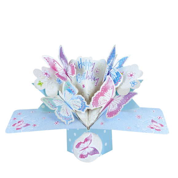 Pop-up 3D birthday card that opens up to reveal a kaleidoscope of blue and pink butterflies. Text on the card reads 