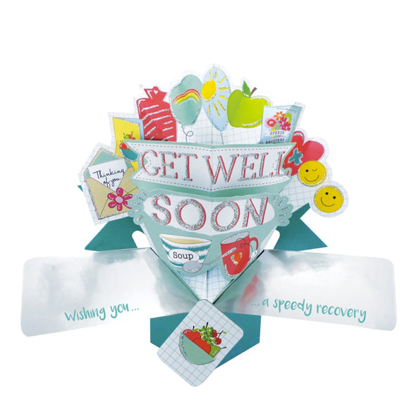 A spectacular pop-up 3D keepsake get well soon card, that opens to reveal smiley faces, fruit, flowers and balloons surrounding silver glittery text that reads 
