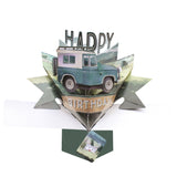 Pop-up 3D keepsake card shaped like a green and white classic landrover 4x4 card, out in the mountains. Text on the front of the birthday card reads "Happy Birthday".
