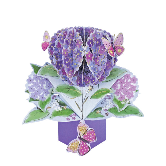 Pop-up 3D keepsake card shaped like a purple hydrangea, being visited by pink butterflies. The card has a butterfly shaped tag in addition to a blank panel on the back for your own message.