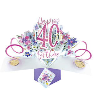 A spectacular pop-up 3D keepsake 40th birthday card, that opens to unleash pink streamers, delicate flowers and text that reads "Happy 40th Birthday".
