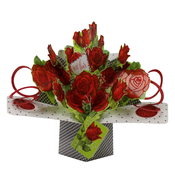 Pop-up 3D keepsake card shaped like a bouquet of red roses. A tag on the card reads 
