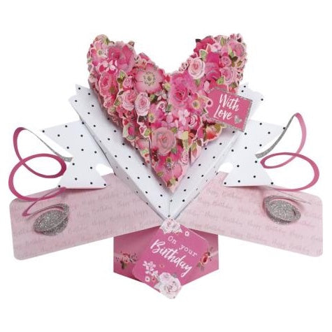 This beautiful pop-up birthday card opens up to reveal a 3d heart of pink and silver glittery flowers. Text on the front of the card reads 