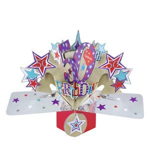 A spectacular pop-up 3D keepsake 50th birthday card, that opens to unleash brightly coloured stars and text that reads "50th Birthday".
